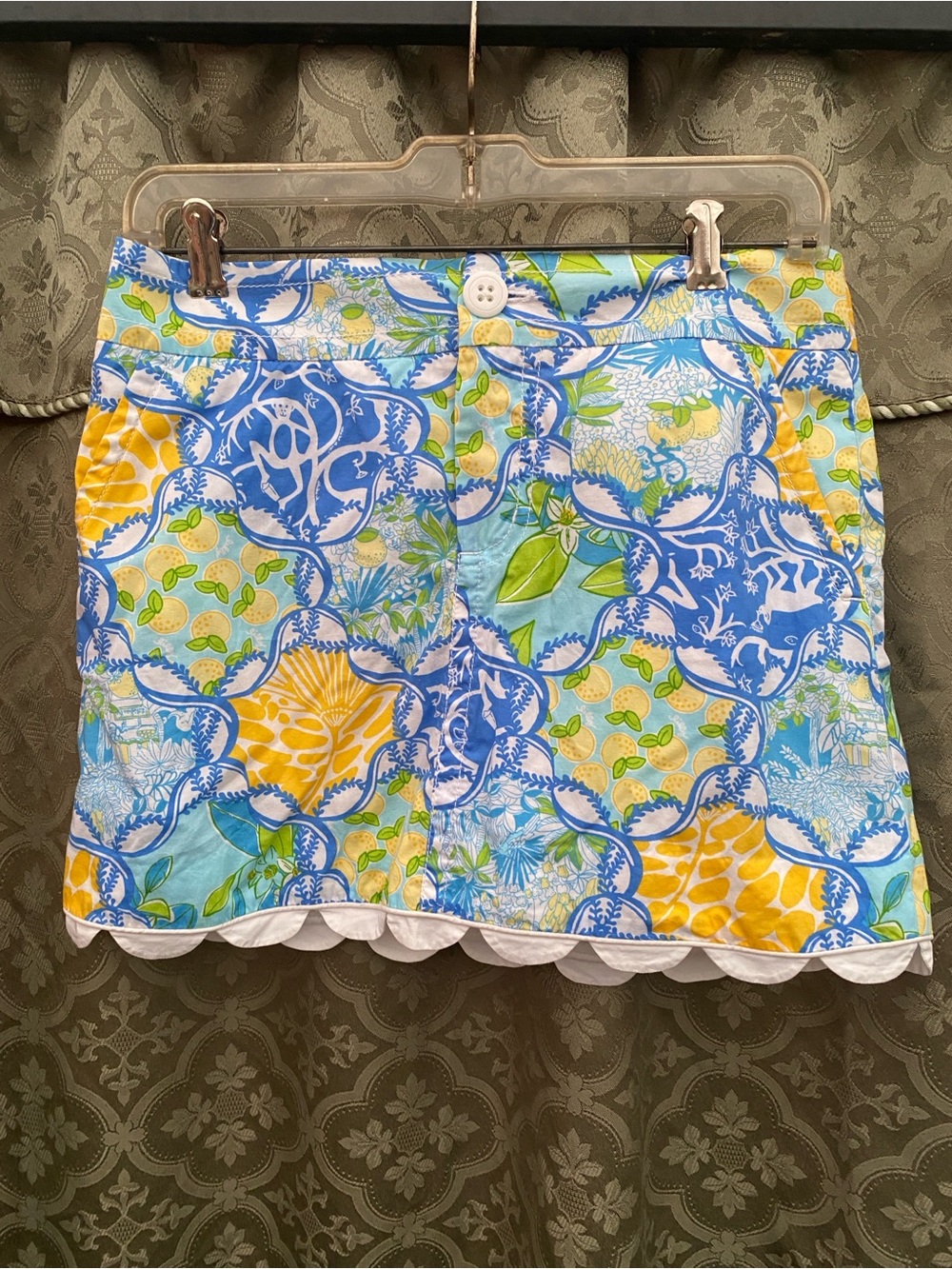 Lilly Pulitzer Mini Skort Skirt Sz 2 Monkeys Lemons Blue Yellow Tropical Fruity